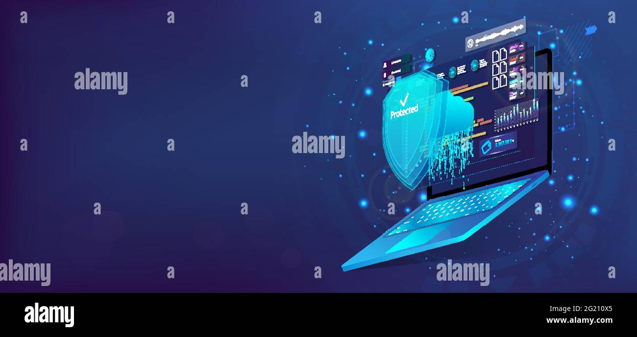 Ordinateur portable avec écran de protection, concept de cyber-sécurité. Les données 3D des ordinateurs portables et du Cloud sont protégées. Cybersécurité, antivirus, chiffrement, protection des données Illustration de Vecteur