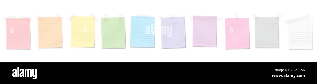 Notes sur papier jointes avec bandes adhésives, blocs-notes de liste d'achats à lignes colorées - illustration sur fond blanc. Banque D'Images
