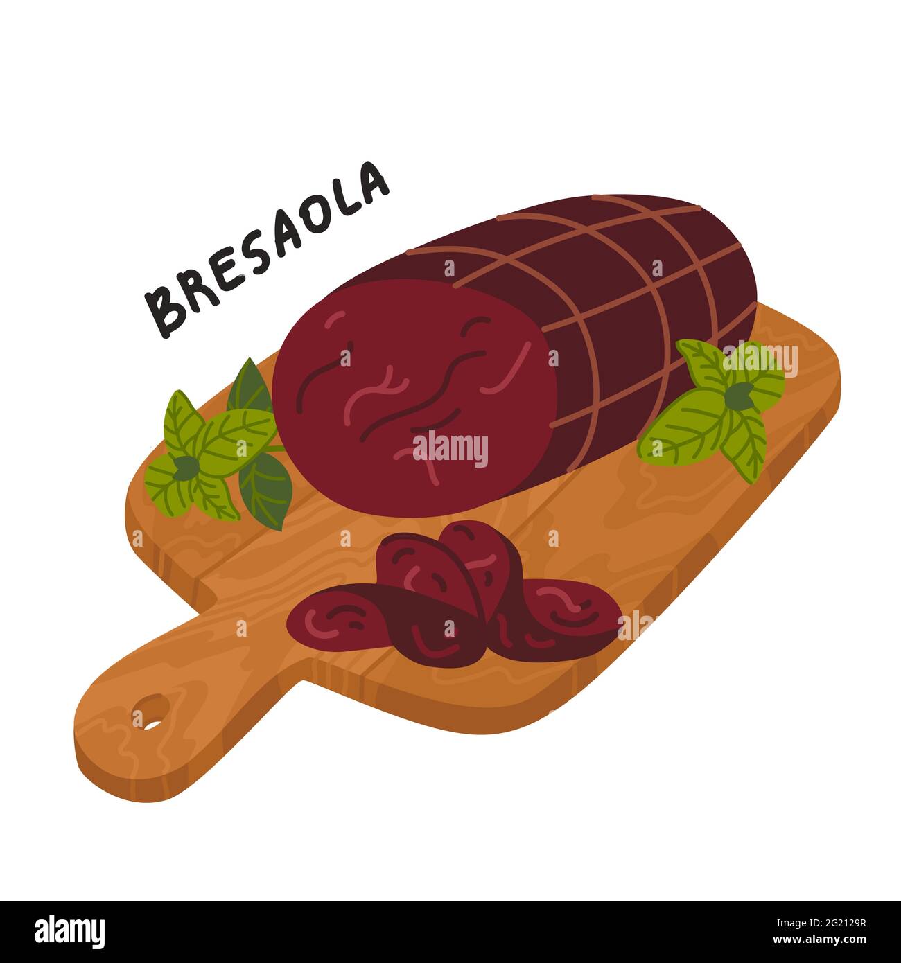 Bresaola. Charcuterie sur planche à découper en bois. Tranches de bœuf salé italien séché à l'air. Illustration vectorielle simple de style plat Illustration de Vecteur