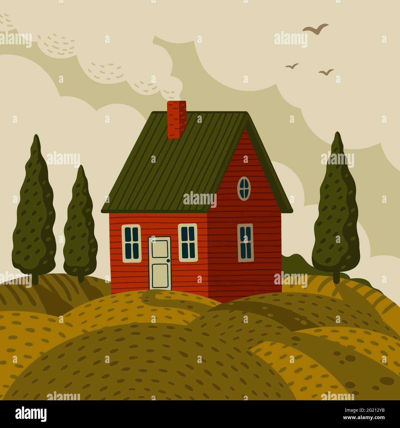 Maison de ferme rouge. Paysage rural avec maison de Barn dans le style rustique sur terrain vert avec des cyprès. Illustration vectorielle de style dessin animé plat Illustration de Vecteur