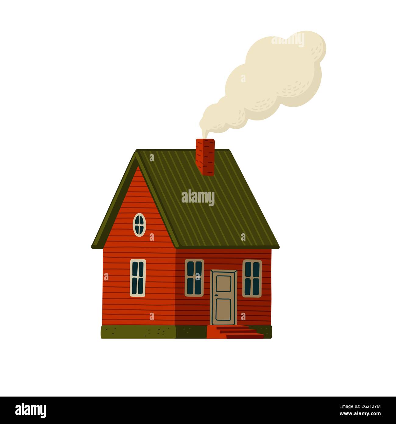 Maison rouge. Maison en bois de style rustique avec fumée de la cheminée. Illustration vectorielle de style dessin animé plat sur fond blanc Illustration de Vecteur
