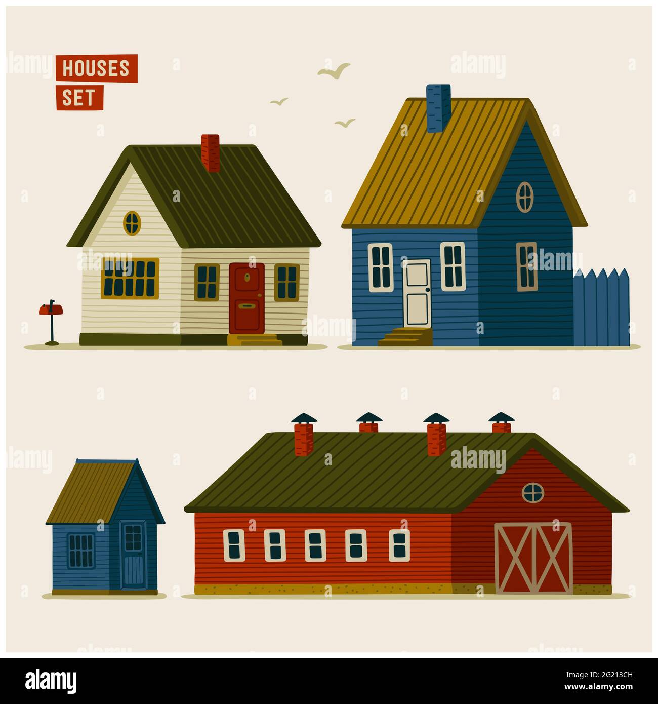 Ensemble de maisons de banlieue. Diverses maisons rurales et granges. Illustration vectorielle de style dessin animé plat sur fond blanc Illustration de Vecteur