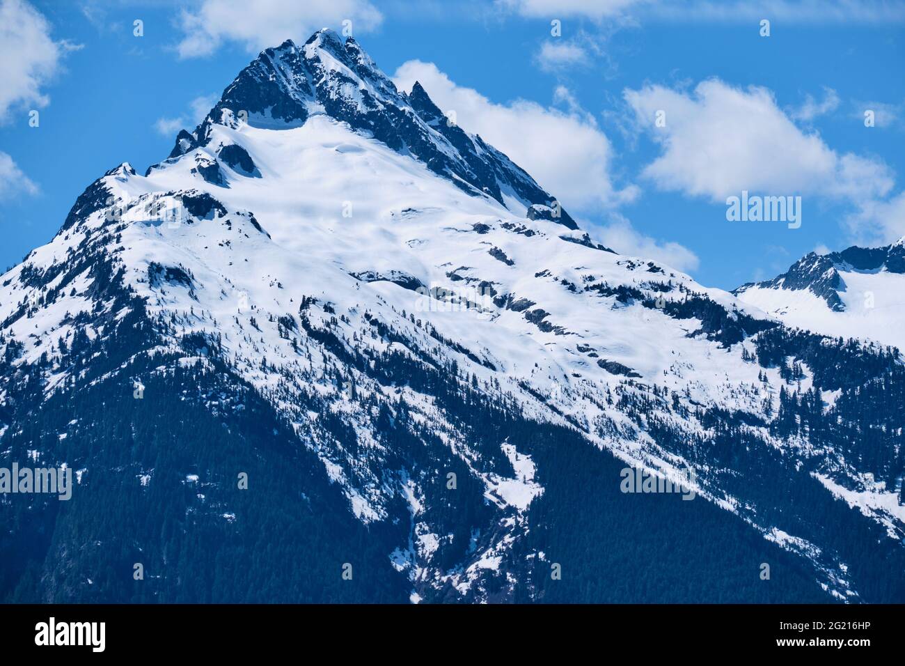Gros plan sur le sommet de Tantalus Peak avec des affleurements rocheux déchiquetés, de la neige, des glaciers et des sommets de la forêt. Entre Squamish et Whistler, C.-B. Banque D'Images