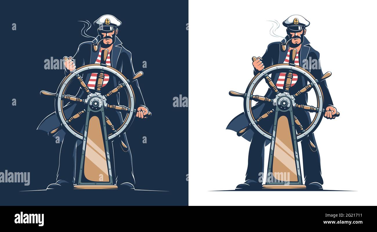 Marin en uniforme de capitaine à la barre du navire Illustration de Vecteur