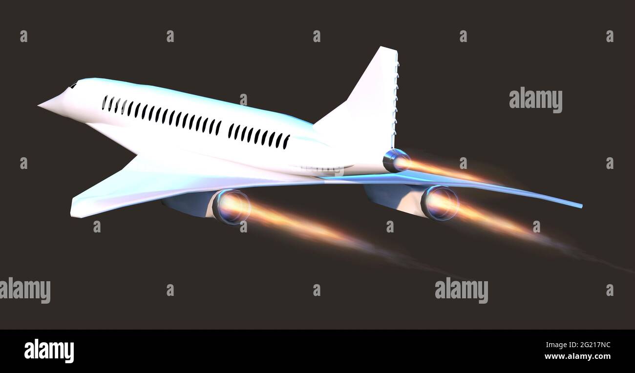 Vol supersonique, l'avion pour voyager plus vite que jamais. Contrairement à d'autres vols commerciaux, il a doublé la vitesse. rendu 3d Banque D'Images