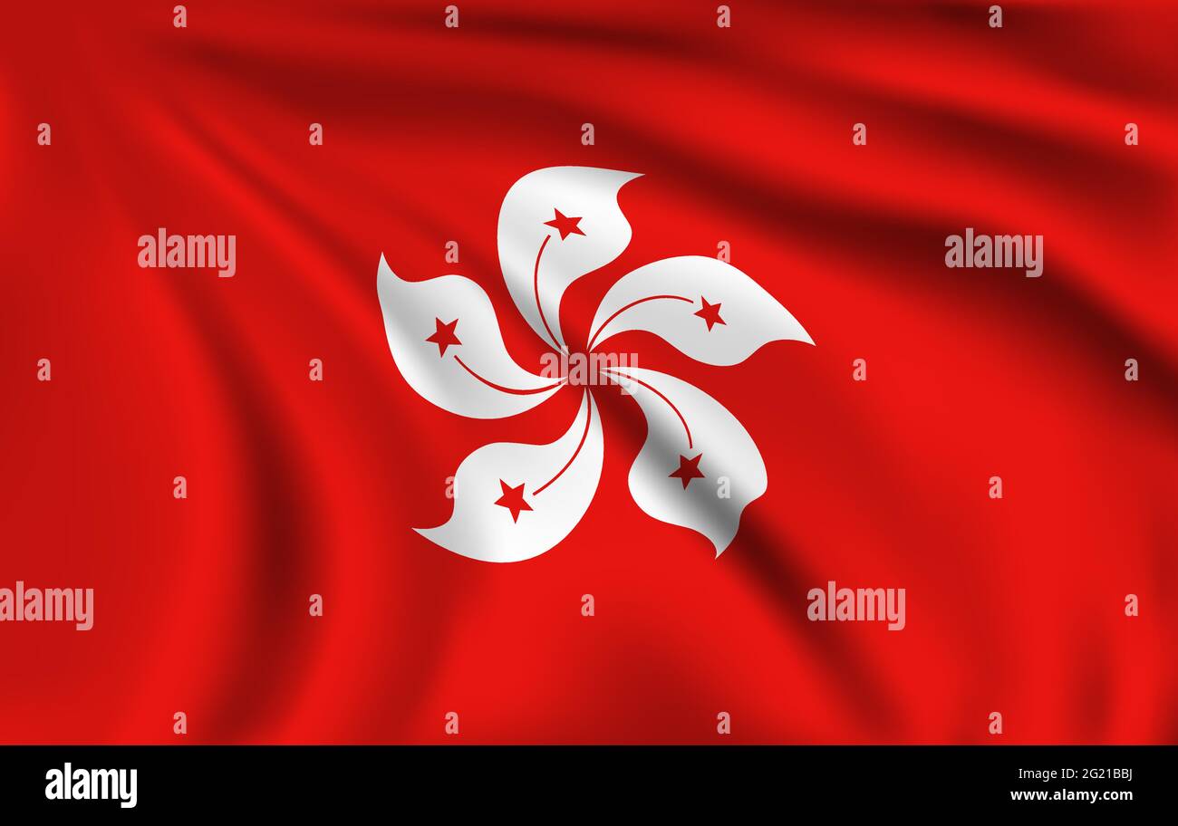 Drapeau de Hong Kong. Rides ou plis vectoriels réalistes, emblème de Hong Kong avec fleur blanche de bauhinia et étoiles sur fond rouge. Chinois spécial adminis Illustration de Vecteur