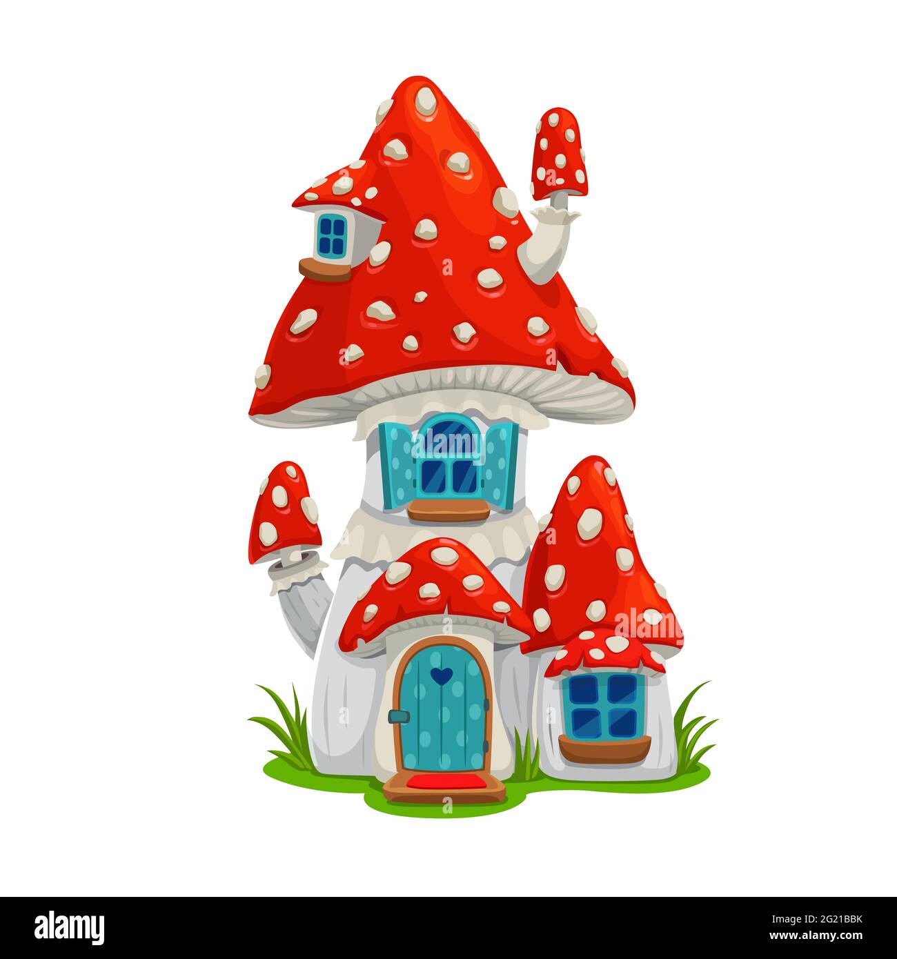 Maison de fées aux champignons, maison d'orf ou gnome, bâtiment de dessin animé agarique de vecteur de mouche, maison de conte de fées avec porte en bois bleu, fenêtres avec volets et pip Illustration de Vecteur