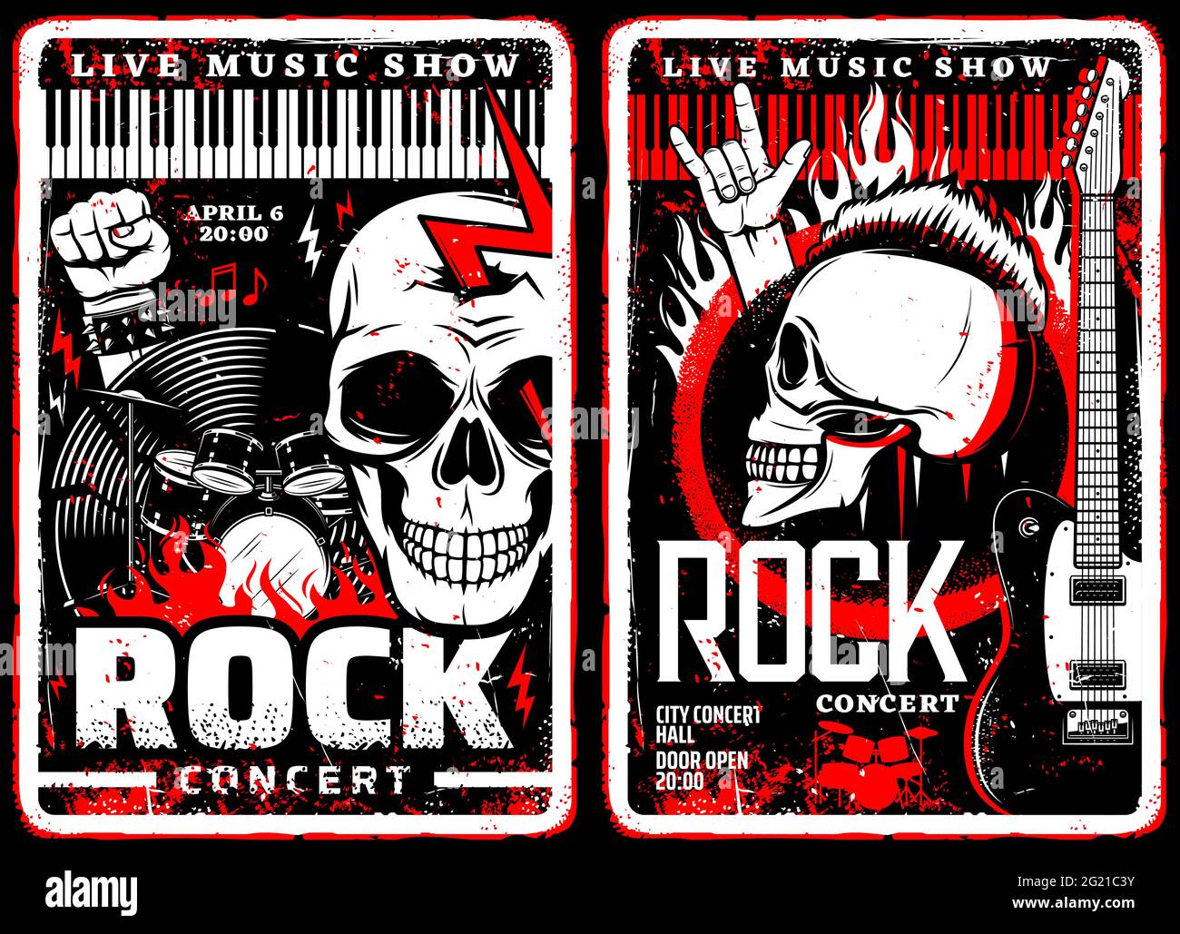 Le concert de musique rock grunge des affiches de hard rock ou de Heavy Metal festival. Guitares électriques vectorielles, musicien de batterie et de rocker skulls avec mohawk et lumière Illustration de Vecteur