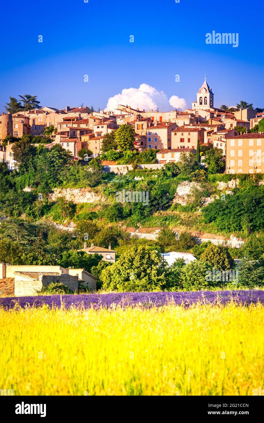 Sault, Provence - pittoresque village perché avec champs de lavande et de céréales, voyage d'été en France Banque D'Images
