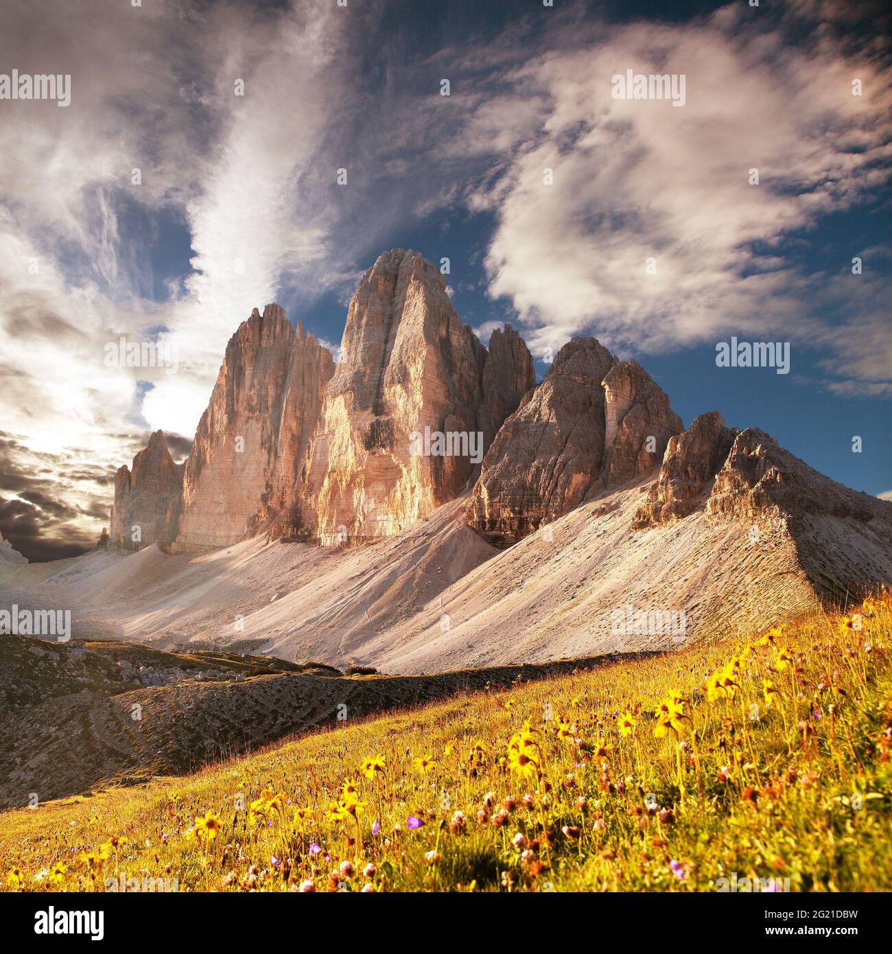 Vue du matin sur Drei Zinnen ou Tre Cime di Lavaredo, Sextener Dolomiten ou Dolomiti di Sesto, Tirol du Sud, vue sur les montagnes Dolomiten, Alpes italiennes Banque D'Images