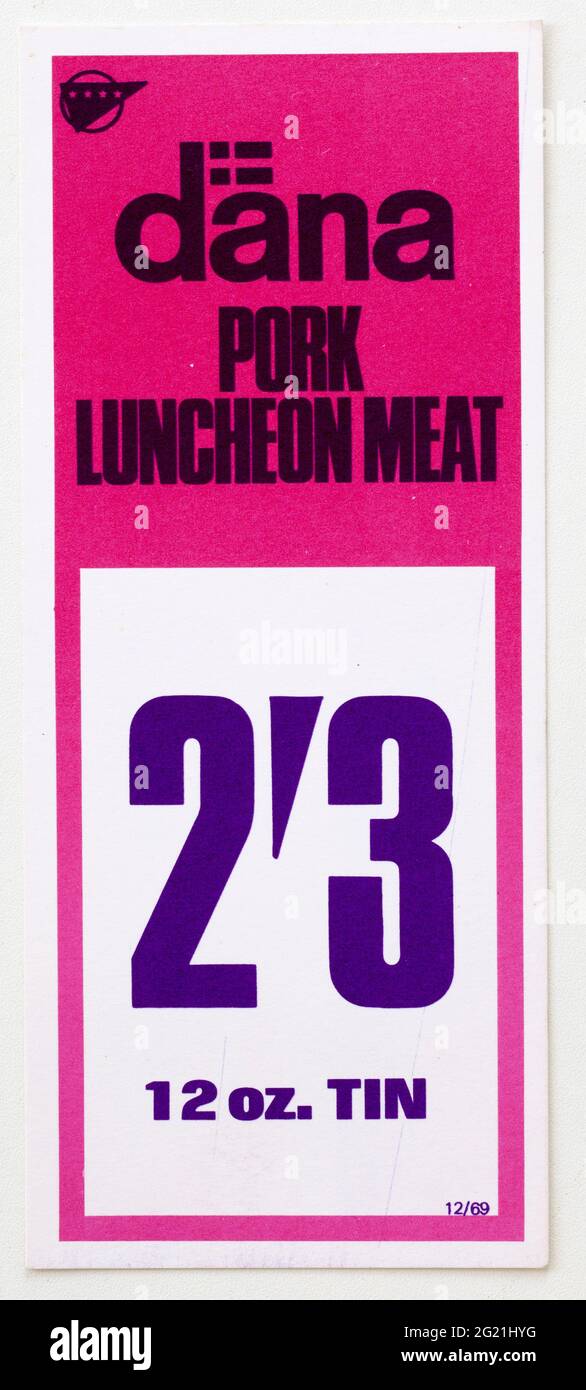 1970 Prix de la publicité de magasin étiquette d'affichage l - Dana porc Luncheon Meat Banque D'Images
