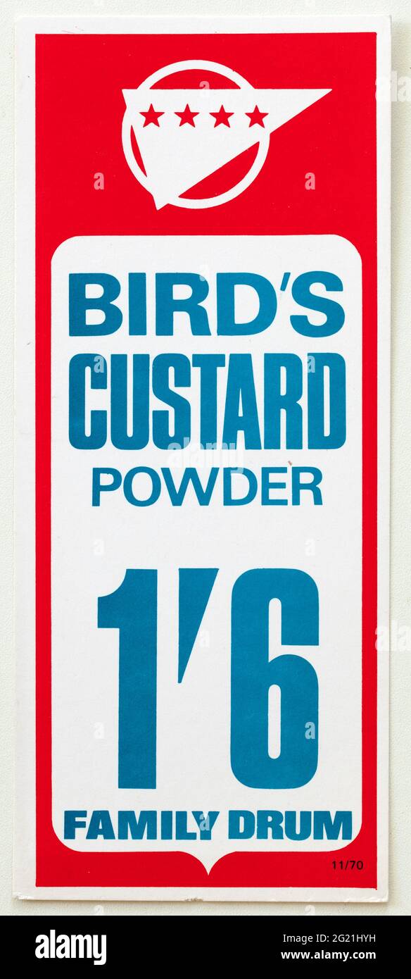Étiquettes d'affichage des prix publicitaires des années 1970 - poudre de gardien d'oiseaux Banque D'Images