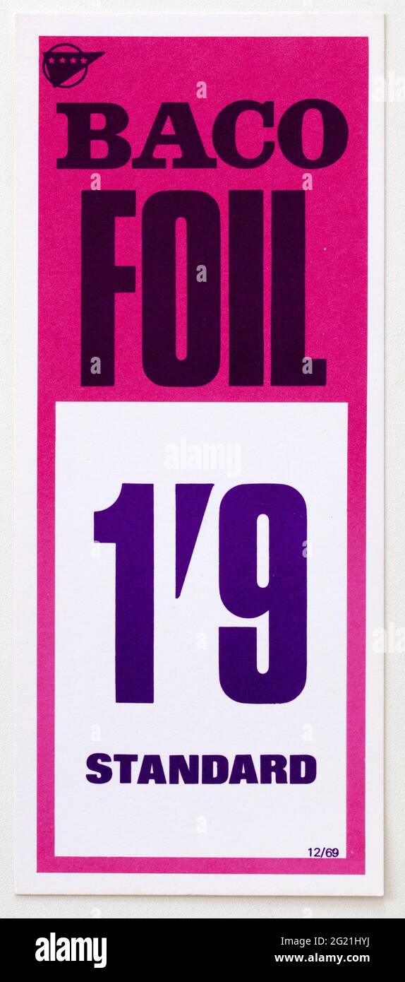 Étiquettes d'affichage de prix de la publicité de magasin des années 1970 - Baco Foil Banque D'Images