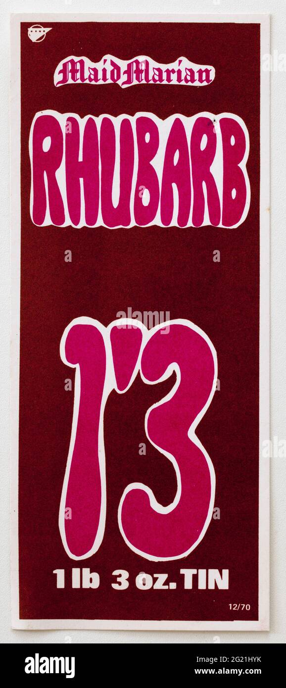 Étiquettes d'affichage de prix de la publicité de magasin des années 1970 - Maid Marian Rhubarb Banque D'Images