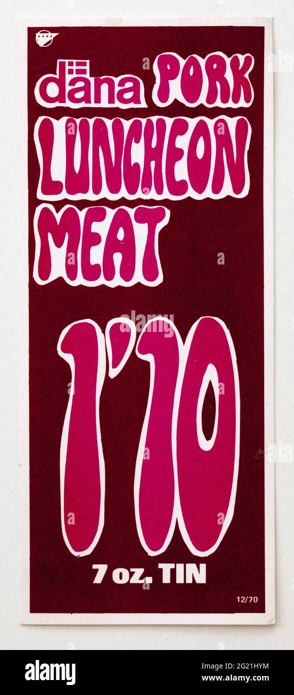Étiquettes d'affichage des prix de la publicité des magasins des années 1970 - Dana porc Luncheon Meat Banque D'Images