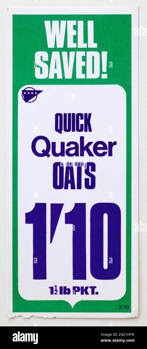Étiquettes d'affichage de prix de la publicité de magasin des années 1970 - Quaker porridge Oats Banque D'Images