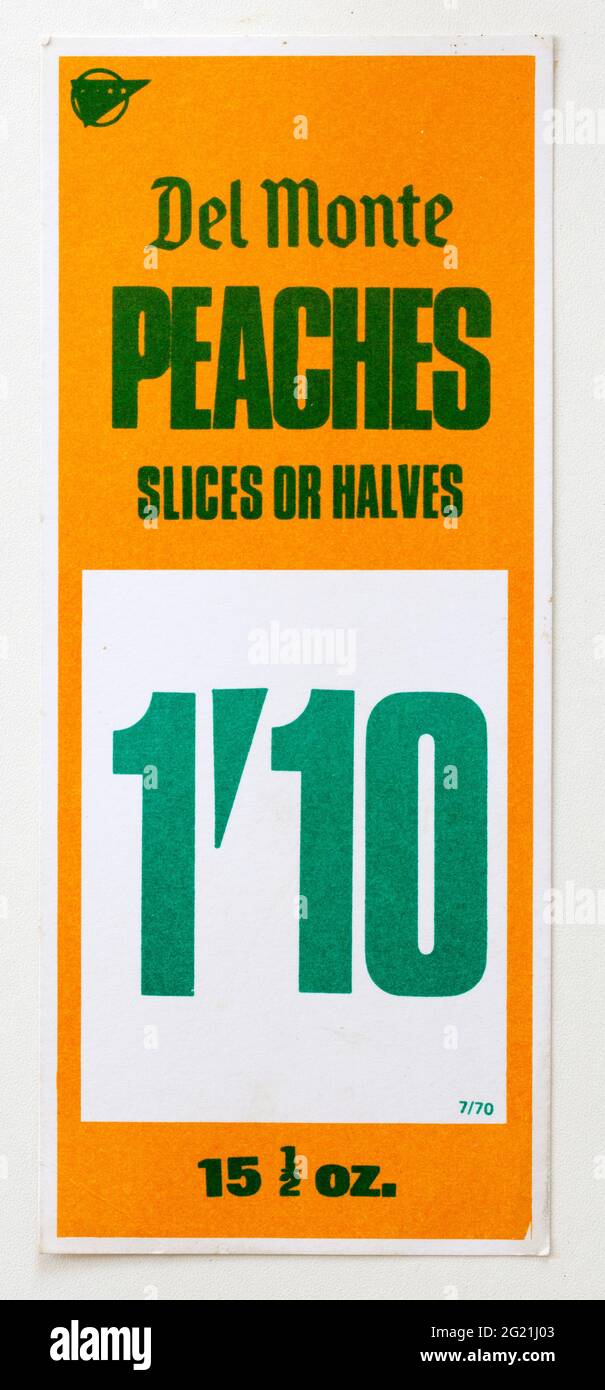Étiquettes de prix de la publicité des magasins des années 1970 - Del Monte Peaches Banque D'Images