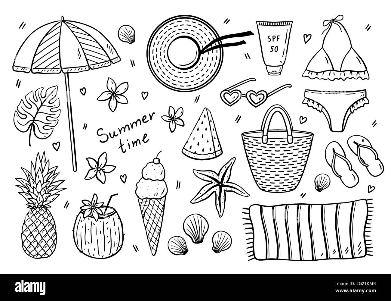 Ensemble été plage - maillot de bain, chapeau, sac, serviette, crème  solaire, lunettes de soleil, tongs, parasol, fruits et crème glacée.  Illustration vectorielle dessinée à la main, style doodle. Parfait pour les
