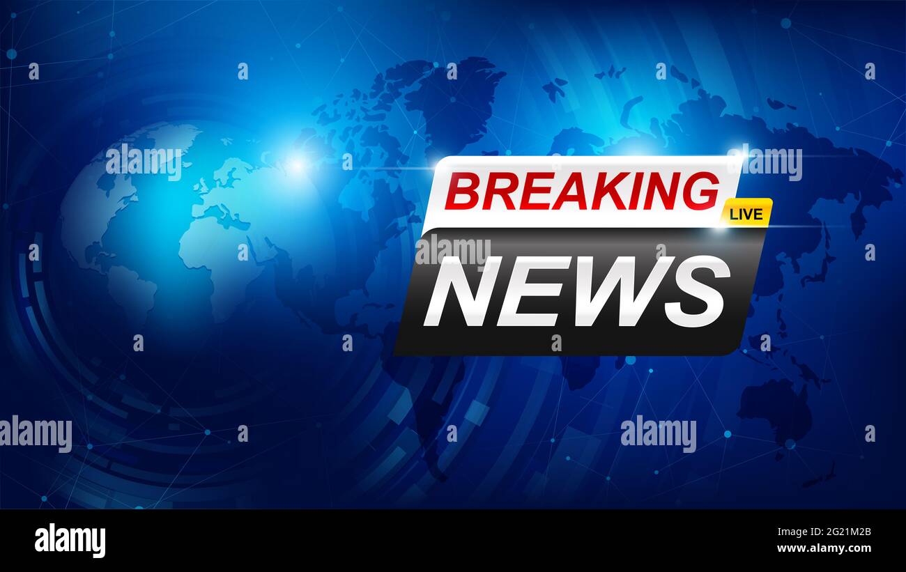 Modèle d'actualités avec badge 3d rouge et bleu, texte d'actualités sur fond bleu foncé avec fond de carte terrestre et mondiale, TV News show Broadcast templa Banque D'Images