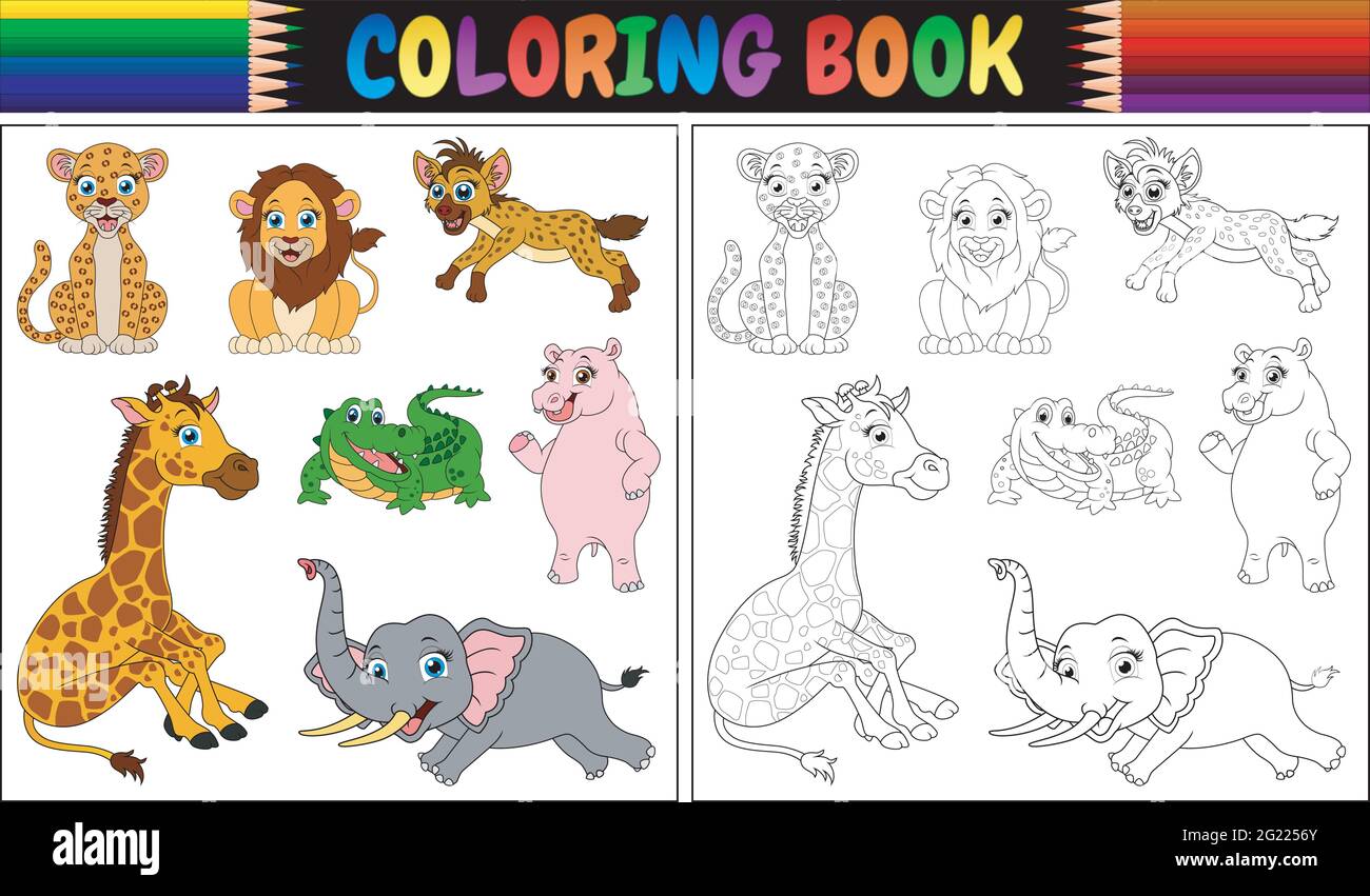 Livre de coloriage avec dessins animés animaux sauvages Illustration de Vecteur