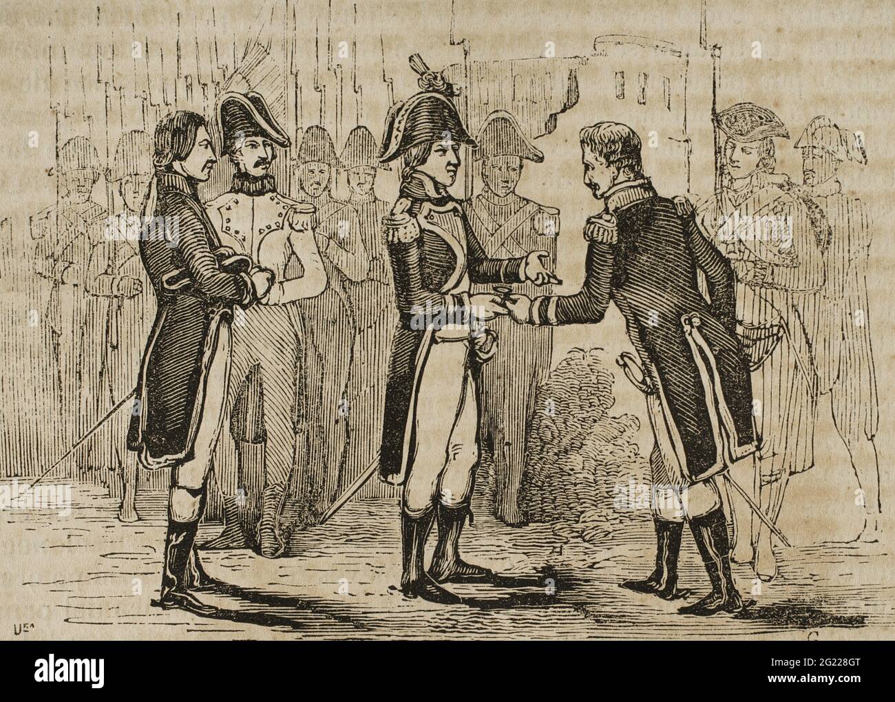 Règne de Charles IV d'Espagne. Cession des territoires de Louisiane du Royaume d'Espagne à la France de Napoléon Bonaparte, à la suite du Traité de San Ildefonso en 1803. La Louisiane a été renvoyée en France à cause de l'influence de Napoléon. Gravure. Historia del Levantamiento, guerra y revolución de España par la Conde de Toreno. Madrid, 1851. Banque D'Images