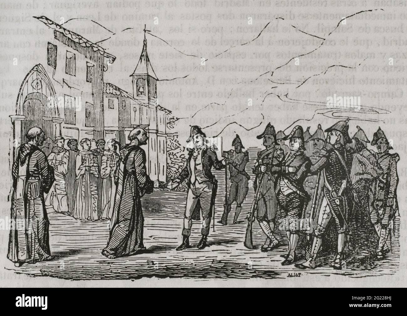 Règne de Charles IV d'Espagne. Manuel Godoy ordonna l'arrestation de Gaspar Melchor de Jovellanos le 13 mars 1801, et son bannissement à Majorque dans le monastère chariteux de Valldemossa, où il était sous la garde des moines jusqu'en 1802. Jovellanos est remis pour sa garde au monastère. Gravure. Historia del Levantamiento, guerra y revolución de España par la Conde de Toreno. Madrid, 1851. Banque D'Images