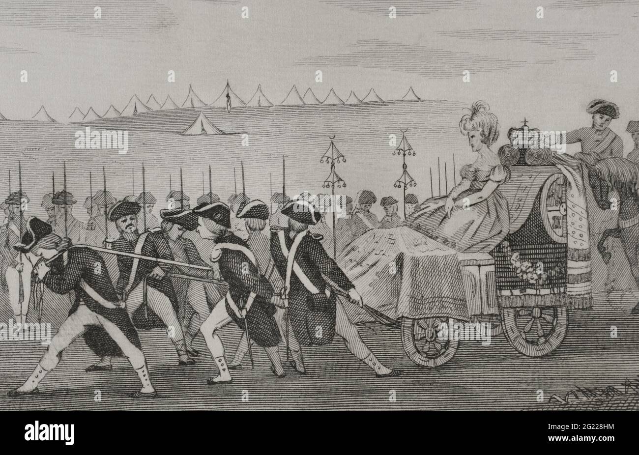 Règne de Charles IV d'Espagne. Revue de Badajoz (1801). Il a eu lieu dans le Campo de Santa Engracia, près de Badajoz. Manuel Godoy, prince de la paix, apparut à la tête de l'armée conduisant un char triomphal avec la reine Maria Luisa de Parme, suivie de son mari le roi Charles IV de Bourbon, à cheval derrière les deux. Gravure, détail. Historia del Levantamiento, guerra y revolución de España par la Conde de Toreno. Madrid, 1851. Banque D'Images