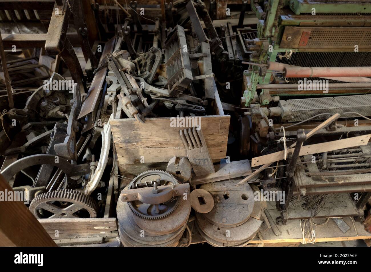 Outils en bois d'époque des tisserands de Bevilacqua, à Venise depuis 1875. Banque D'Images