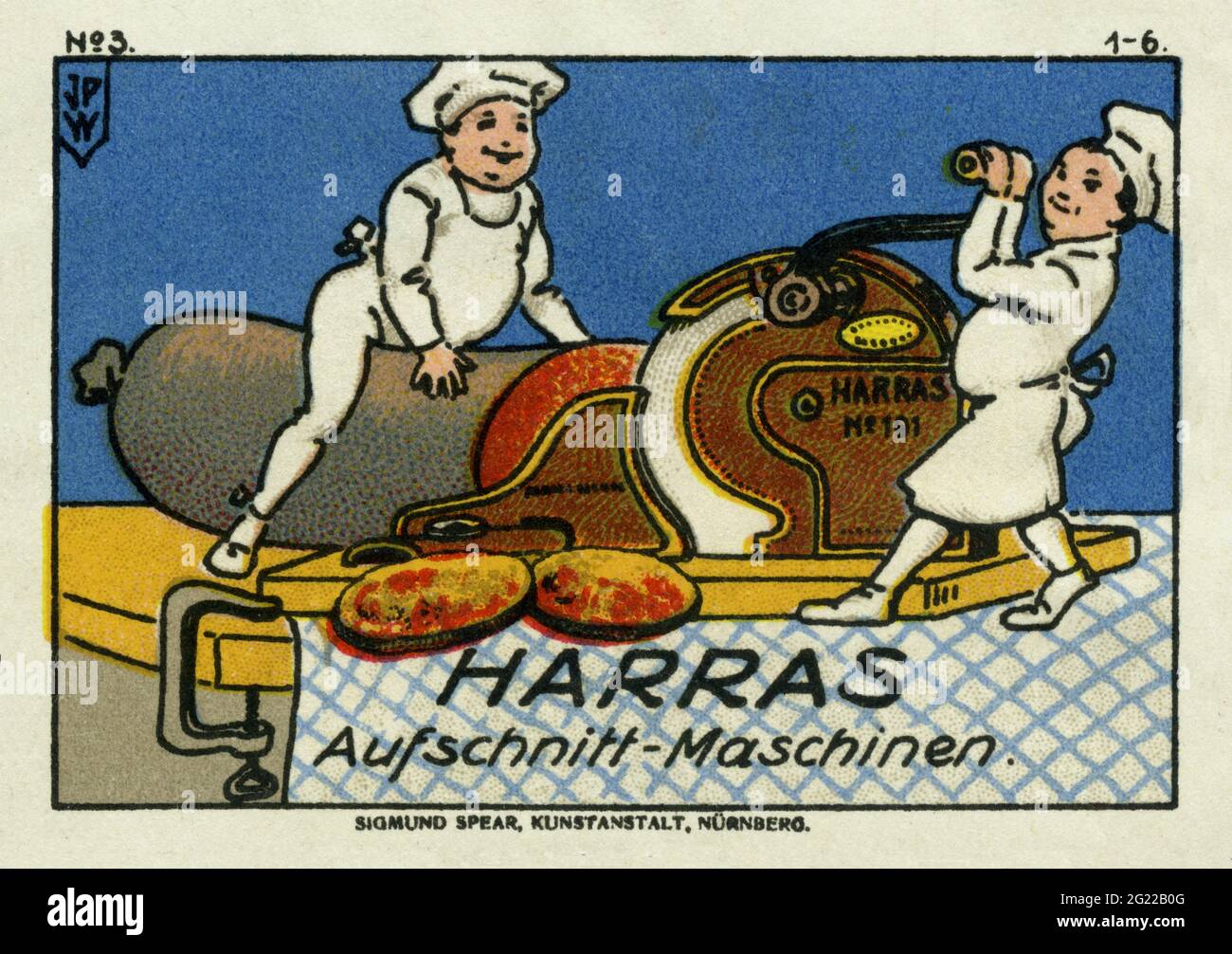 publicité, nourriture, machine de coupe froide, timbre d'affiche, lithographie, ALLEMAGNE, 1913, INFO-AUTORISATION-DROITS-SUPPLÉMENTAIRES-NON-DISPONIBLE Banque D'Images