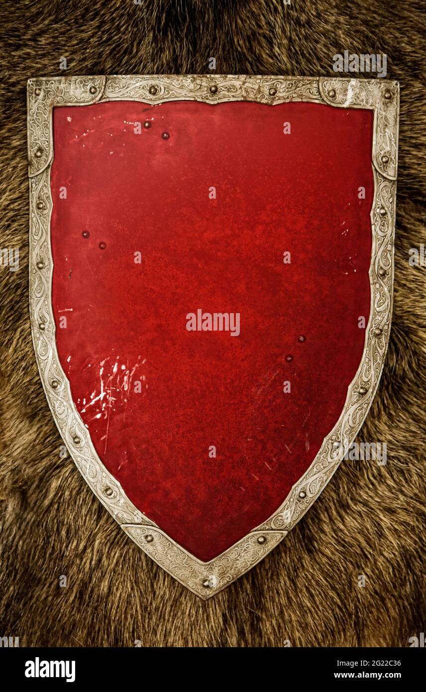 bouclier triangulaire vintage chevdroite avec un centre rouge vide, attaché autour des bords avec du métal sur le fond de la peau d'animal Banque D'Images