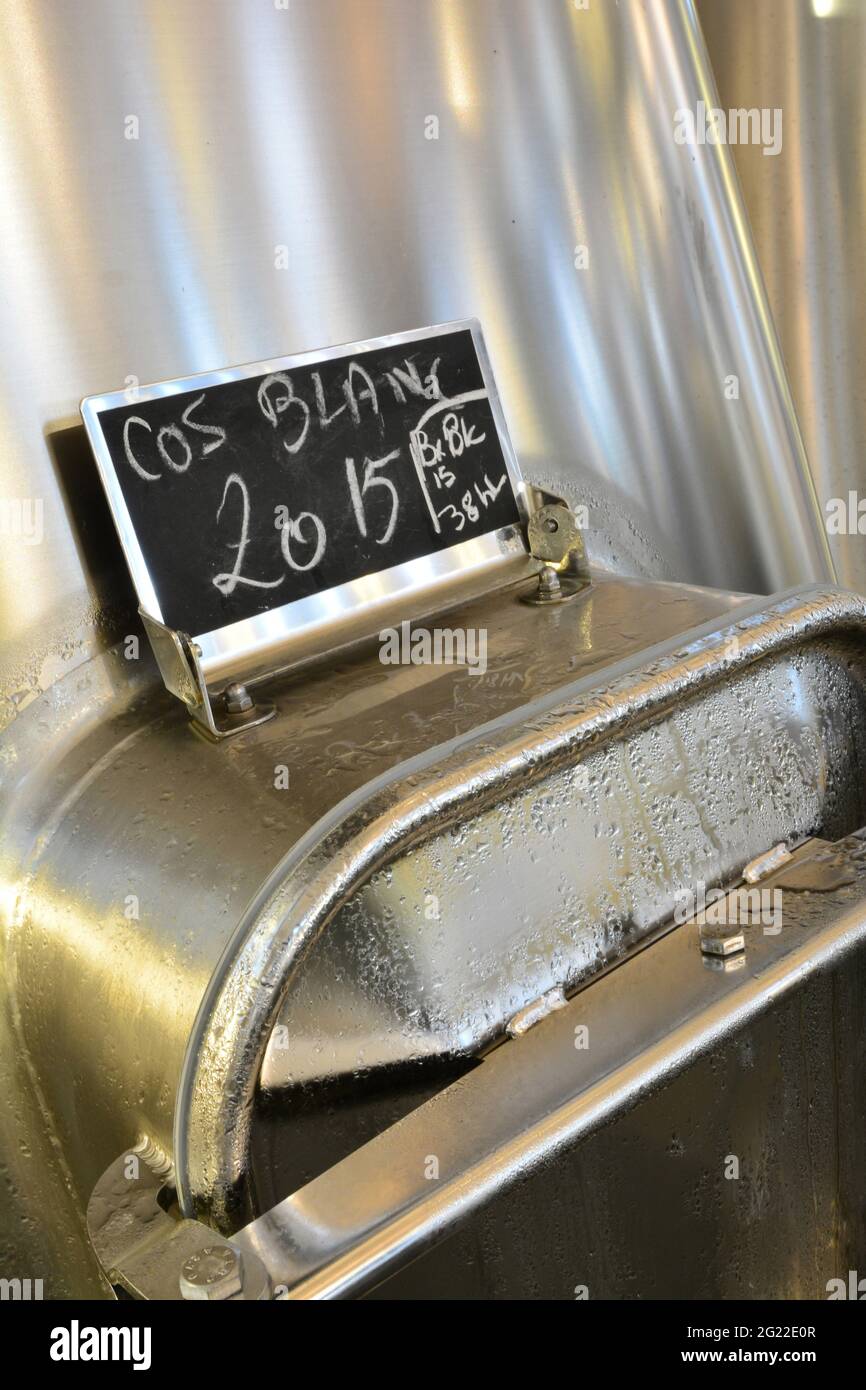 GIRONDE (33). BORDELAIS. MÉDOC. SAINT-ESTÈPHE. COS D'ESTOURNEL. LA NOUVELLE CAVE DE VINIFICATION INOX RÉALISÉE EN 2008 PAR L'ARCHITECTE FRANÇAIS JEAN-MICHEL WILMOTTE EST U Banque D'Images