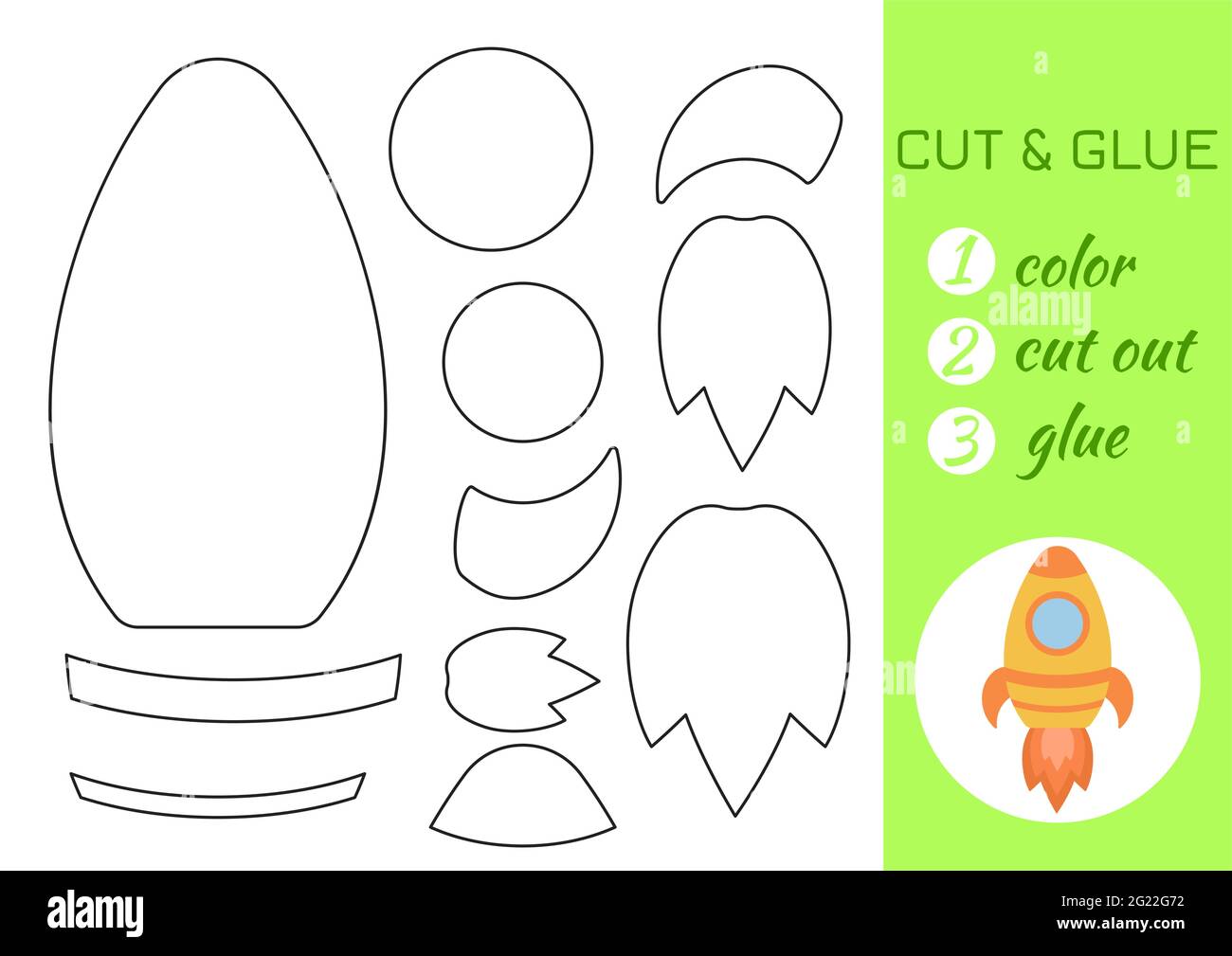 Couleur, couper et coller papier jaune roquette. Couper et coller la page d'activité de spécialité. Jeu éducatif pour les enfants d'âge préscolaire. Feuille de travail DIY. Jeu de logique pour enfants, a Illustration de Vecteur