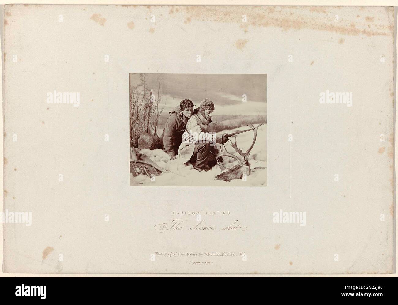 Deux chasseurs dans la neige avec la tête d'un orignal; Cariboo Hunting. Le coup de chance. Banque D'Images