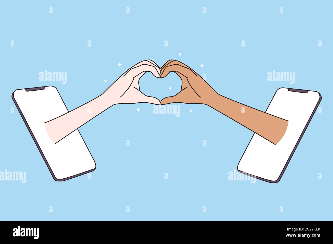 Datant dans Internet et le concept d'amour multiracial. Mains de la race mixte femme et homme formant la forme du coeur avec les doigts de smartphones écrans illustration vectorielle Illustration de Vecteur
