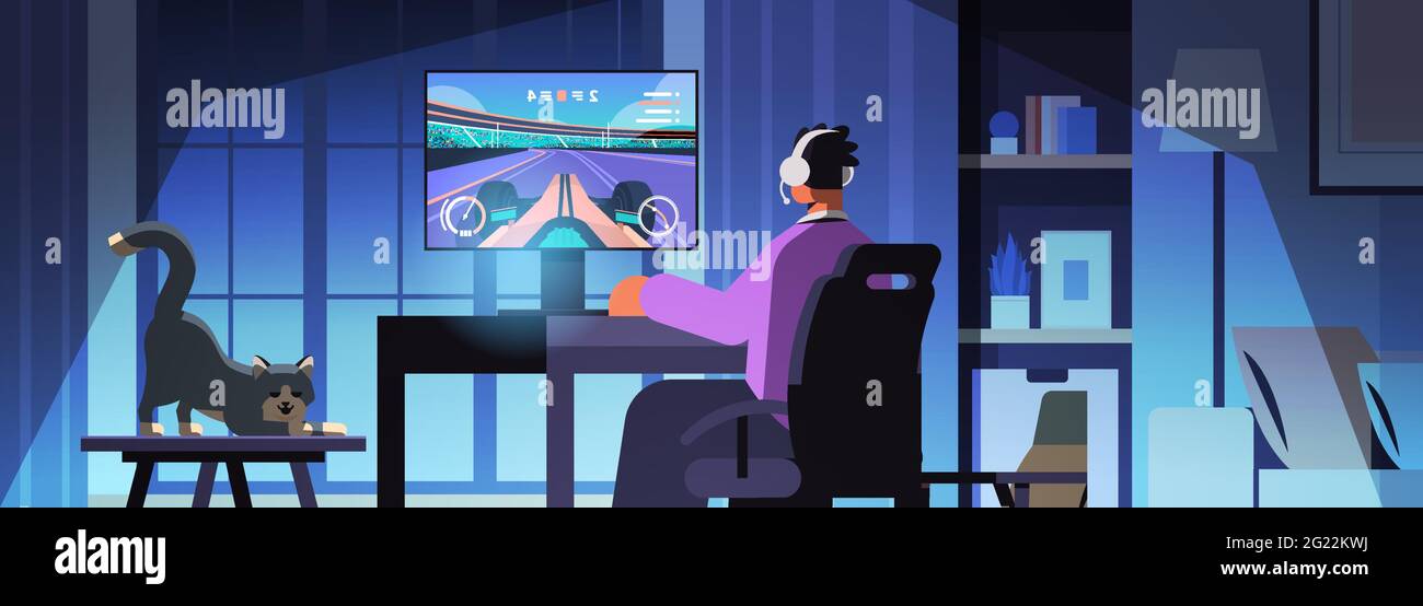 joueur virtuel jouant à un jeu vidéo en ligne sur un homme d'ordinateur dans un casque assis devant le moniteur Illustration de Vecteur