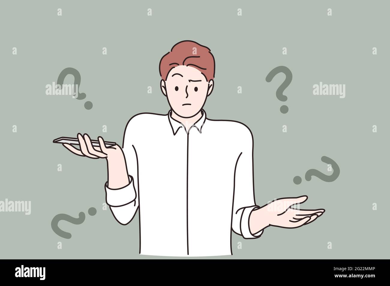 Concept D Emotion De Numero De Telephone Inconnu Un Jeune Homme Frustre Personnage De Dessin Anime Debout Qui A L Air Surpris Et Haussant Ses Epaules Apres Avoir Recu Un Appel Telephonique De L Illustration
