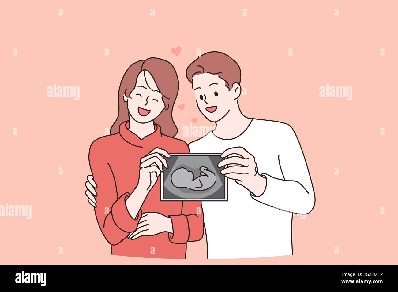 En Attente Du Concept De Bonheur De Bebe Et De Couple Jeunes Souriants Couple Personnages De Dessin Anime Debout Tenant Le Test D Echographie Dans Les Mains Attendant Que Bebe Se Sente Excitee