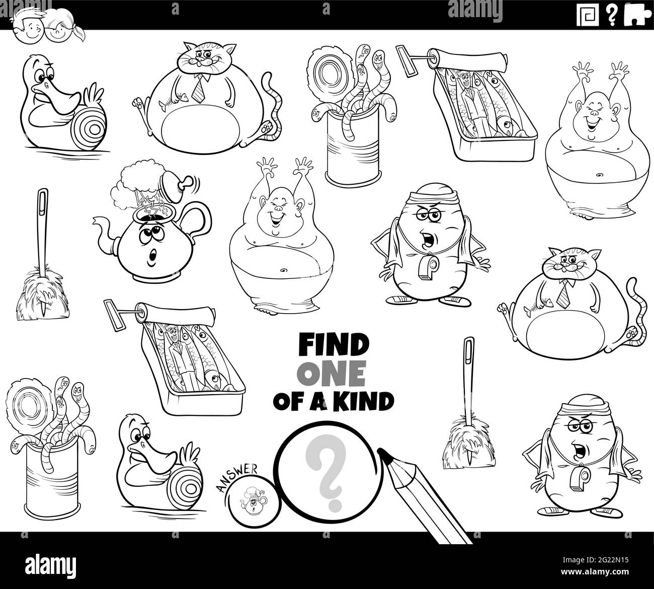 Illustration de dessin animé noir et blanc de Find One of a genre image jeu éducatif avec des personnages de bande dessinée page de livre de coloriage Illustration de Vecteur