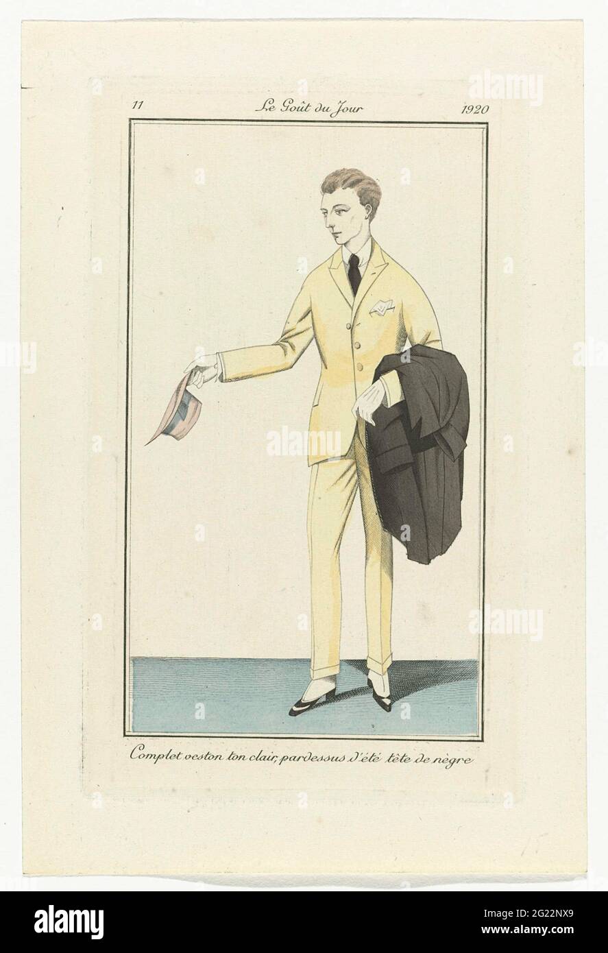 Le Goût du jour, 1920, no 11: Complet Veston ton clair (...). Homme en  costume avec veste et pantalon long de couleur claire. Au bras un pardessus  noir-brun (pardessus) pour l'été. Imprimé