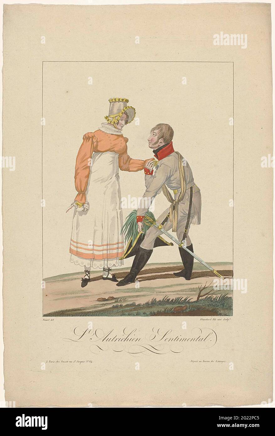 Les alliés à Paris et 1815: L'Autrichien sentimental. Femme dans un spencer  sur une jupe et sous-jupe avec festonné zoom. Accessoires : chapeau à  baldaquin, gants, mouchoir, chaussures plates avec noeuds et