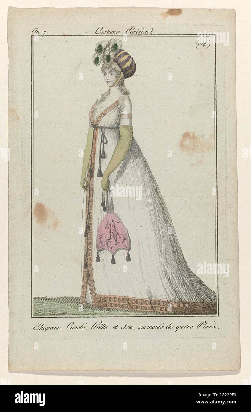 Journal des Dames et des modes, Costume parisien, 29 avril 1799, AN 7 (104)  : chapeau Canelé (...). Chapeau canélé de paille et de soie, avec quatre  plumes sur le dessus. Manches