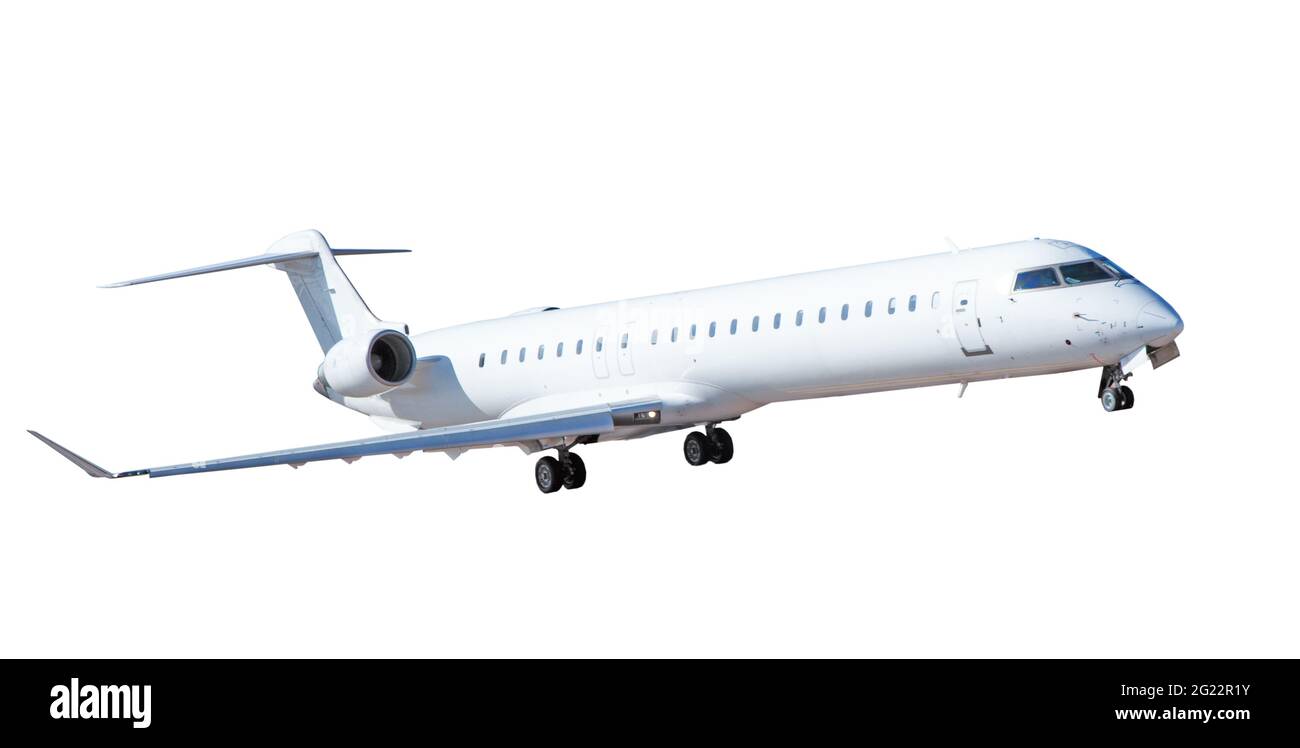 Plan blanc isolé sur fond blanc. L'avion passager affrété est en vol. Banque D'Images