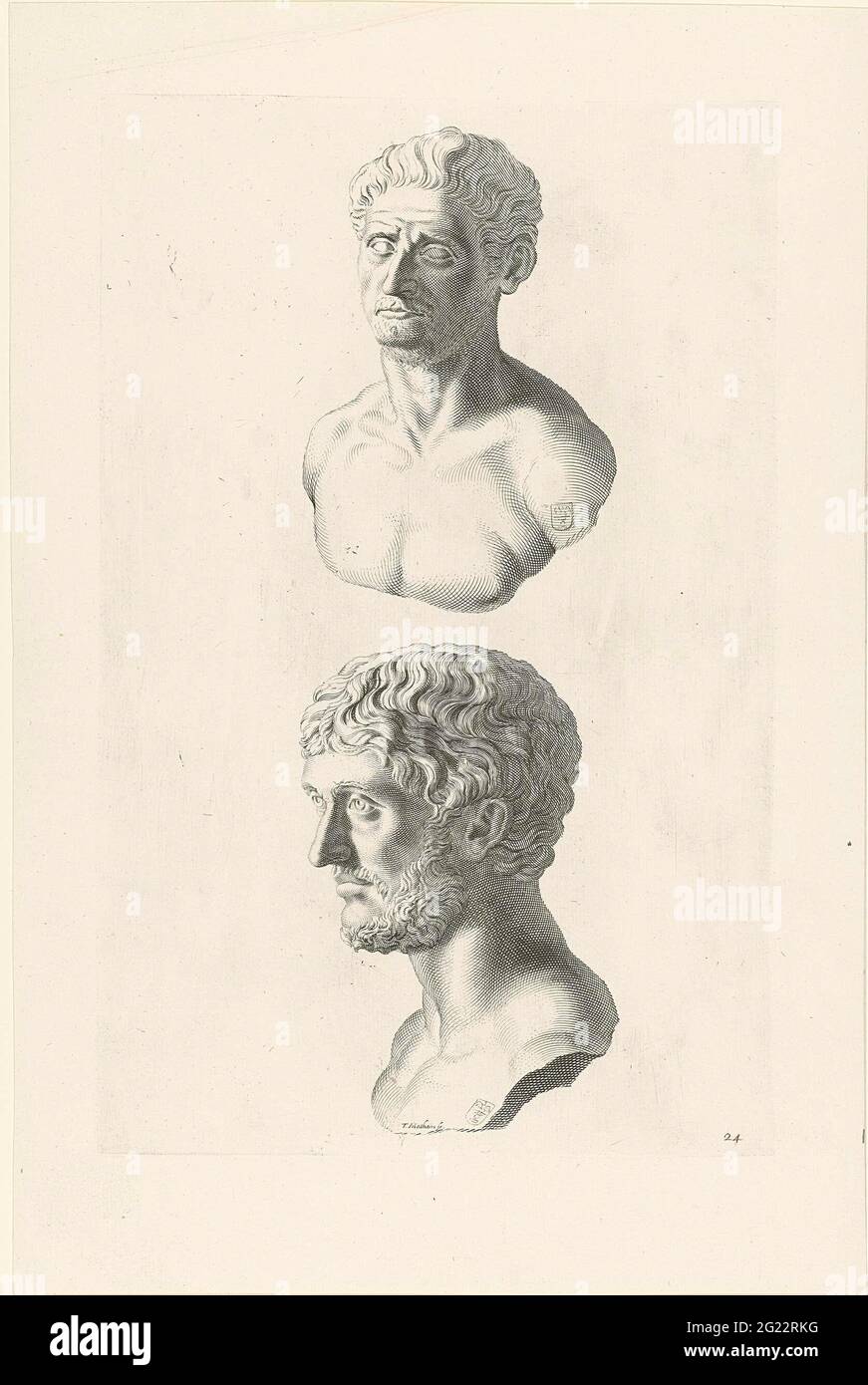 Bustes par Lucius Junius Brutus et Marcus Junius Brutus; Galleria Giustiniana del Marchese Vincenzo Giustiniani II Deux bustes de Romains. Au-dessus du buste du consul Lucius Junius Brutus et au-dessous du sénateur Marcus Junius Brutus. Sur les deux bustes, les armoiries de Vincenzo Giustiniani. Impression d'une publication avec des reproductions aux sculptures de la collection de la Galleria Giustiniani à Rome. Banque D'Images