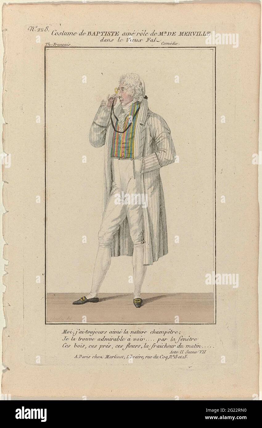 Petite Galerie Dramatique, 1796-1843, n° 228: Costume le Baptist (...). Costume de l'acteur Baptiste Ainé dans le rôle de M. de Merville dans la comédie 'le Vieux FAL', dans le Théâtre français (?) À Paris. Avec trois lignes de texte du deuxième acte, scène sept. Veste rayée, gilet rayé et pantalon genou. Jabot froissé. Bas. Lorgnet au cordon. Chaussures plates à boucles carrées. Imprimé de la revue petite Galerie Dramatique ou Recueil de diffuseurs costumes d'acteurs des Théâtres de la capitale (1796-1843). Banque D'Images