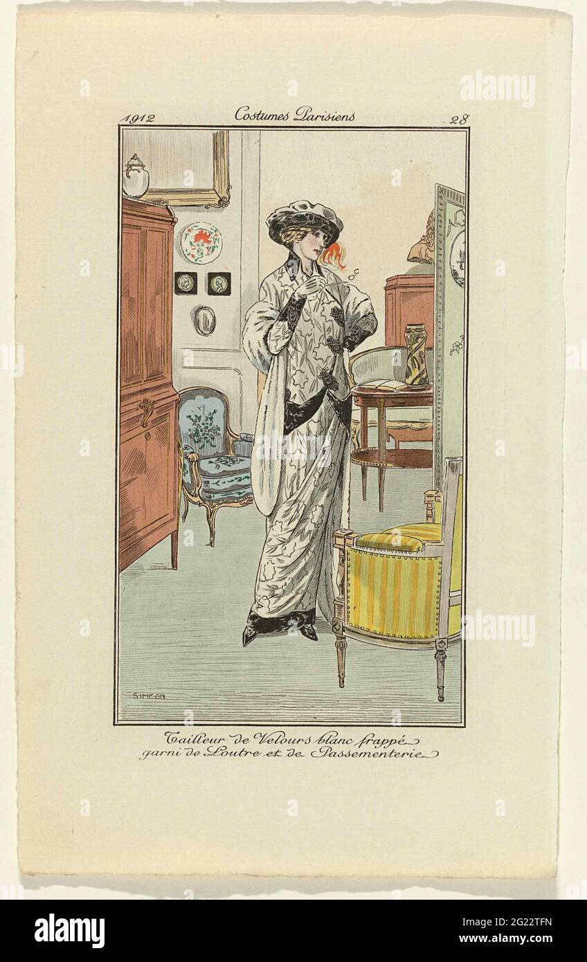 Journal des Dames et des modes, costumes Parisiens, 1912, n° 28: Tailleur le velor (...). Femme à l'intérieur, dans un costume de manteau de velours blanc pressé décoré avec Otterbont et série de passement. Imprimer à partir du magazine mode Journal des Laden et des modes (1912-1914). Banque D'Images