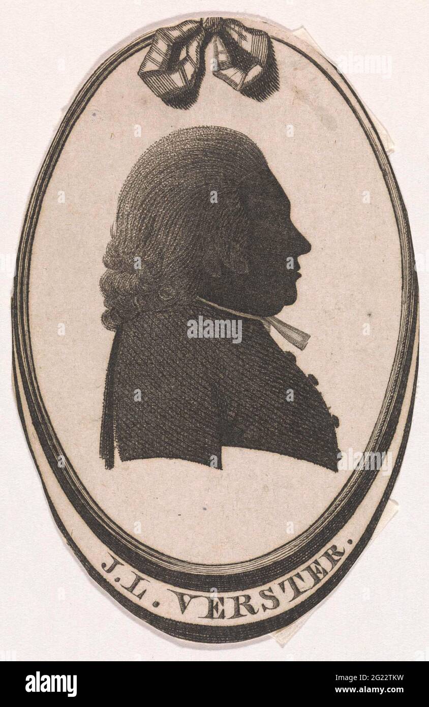 Portrait de Jean Louis Verster. Portrait de Jean Louis Verster, pasteur à colonne, Wageningen, Dordrecht et Rotterdam. Il porte une verseuse et un bef. Buste en profil dans la liste ovale avec noeud en haut. Banque D'Images