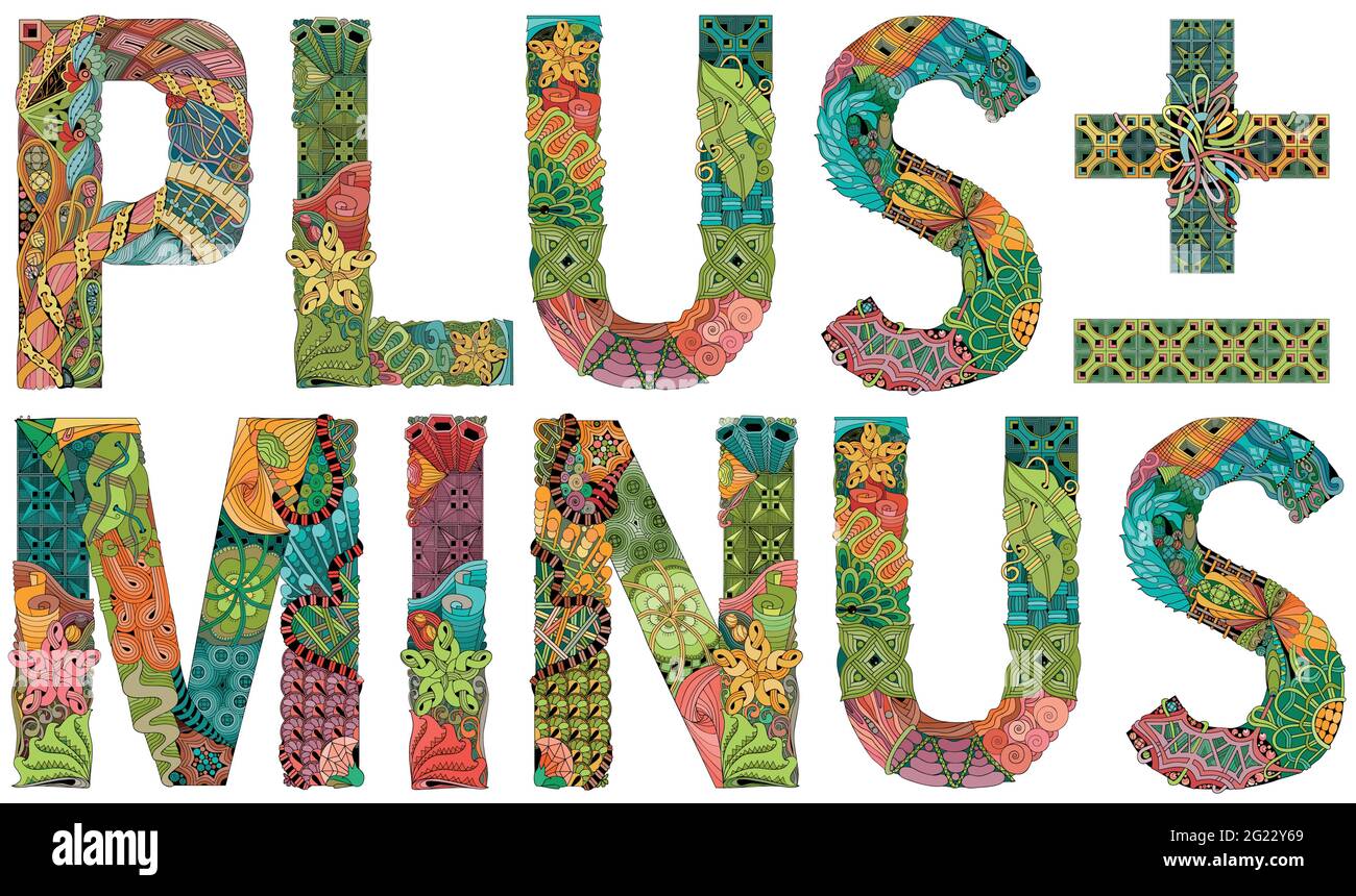 Décoration artistique peinte à la main. Illustration dessinée à la main PLUS MOINS pour un t-shirt et d'autres décorations Illustration de Vecteur