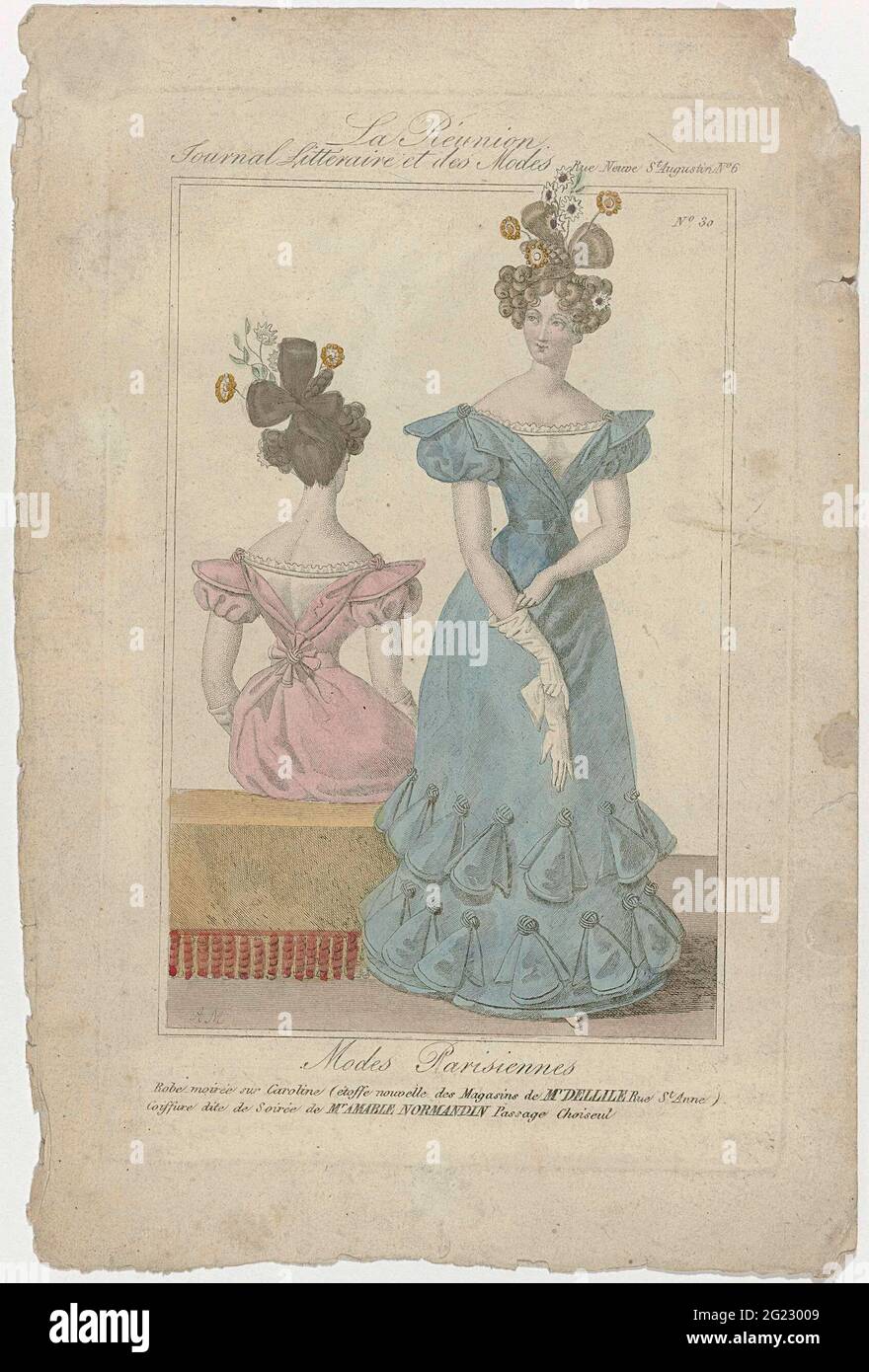 La réunion, journal littéraire et modes, 1828, n° 30: Robe de séance sur Carolin (...). Le Japon a rencontré Pofmouwen Van 'moiré sur Caroline', de Nieuwe Stof komt IIT Winkels Van M. Dellile. « facture savon » van M. Amable Normandin. Avant UIT Het Modetijdschrift The Literary Journal and modes (12-1-1927 - août 1828?). Banque D'Images