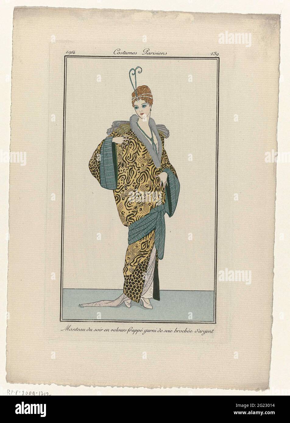 Journal des Dames et des modes, costumes Parisiens, 1914, n° 139 : Manteau du soir (...). Tubage de soirée en velours pressé décoré d'un côté bordé d'argent (fil). Imprimer à partir du magazine mode Journal des Laden et des modes (1912-1914). Banque D'Images