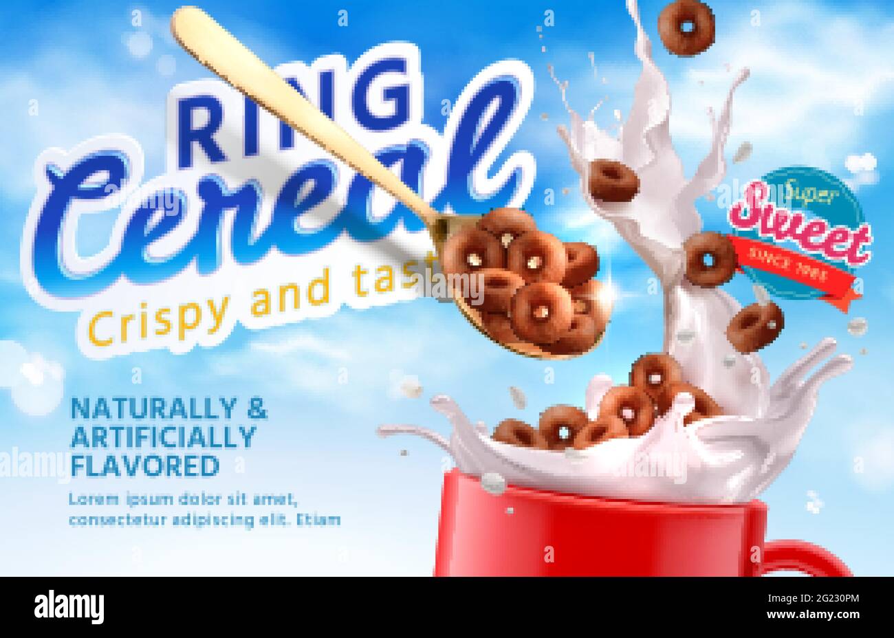 Céréales chocolatées réalistes tombant dans une tasse d'une cuillère avec une éclaboussure de lait sur fond bleu ciel. illustration 3d d'un anneau croustillant et savoureux Illustration de Vecteur